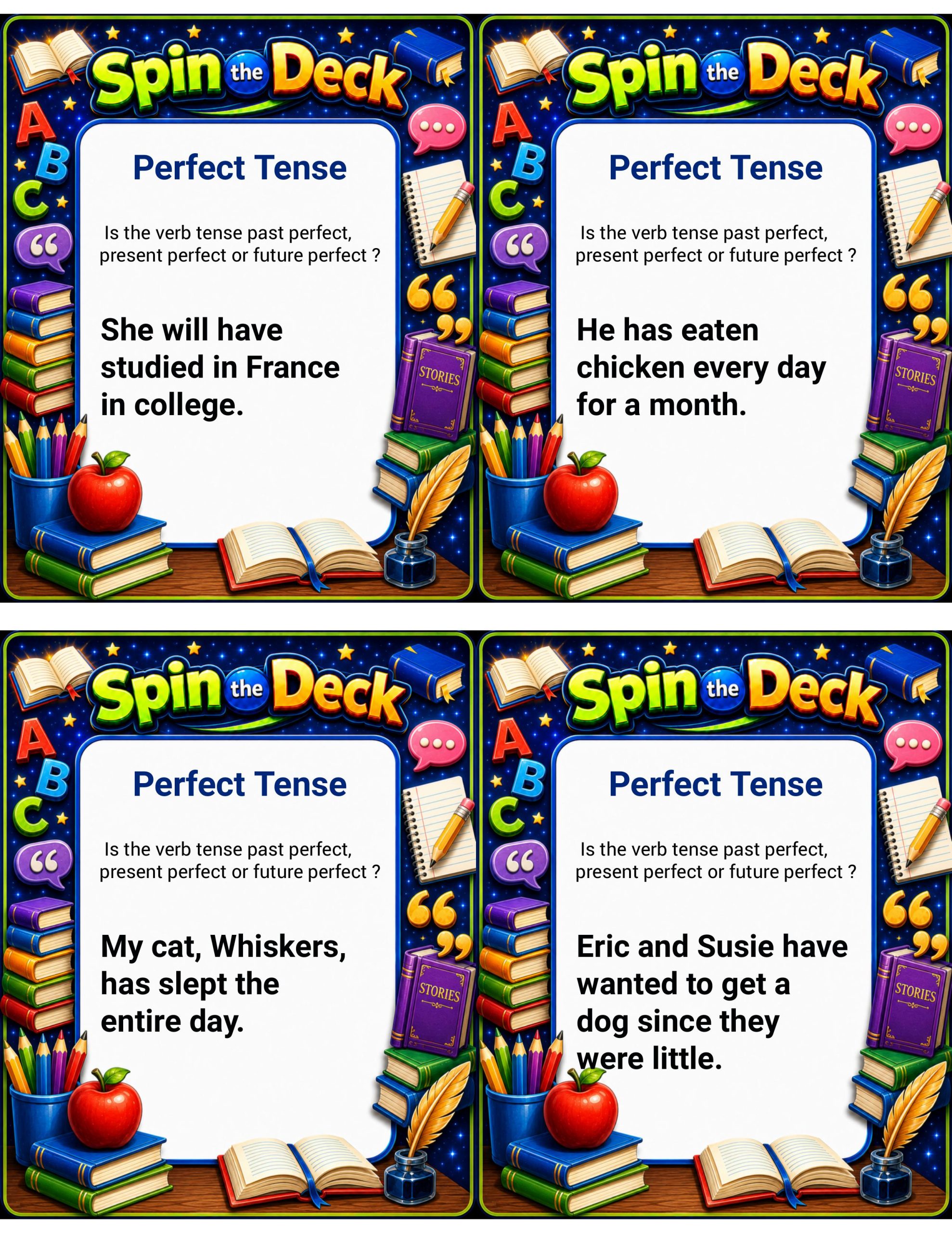 Spin the Deck: Perfect Tense | Past, Present, and Future Perfect Verb Tense Task Cards