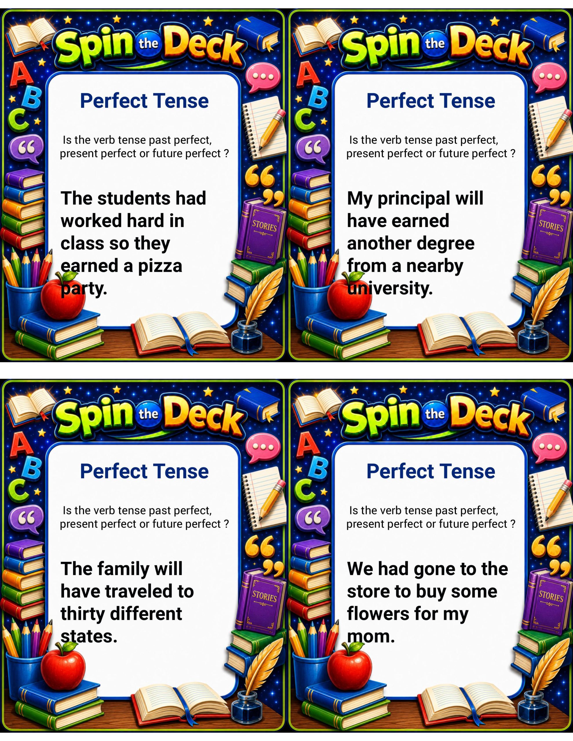 Spin the Deck: Perfect Tense | Past, Present, and Future Perfect Verb Tense Task Cards