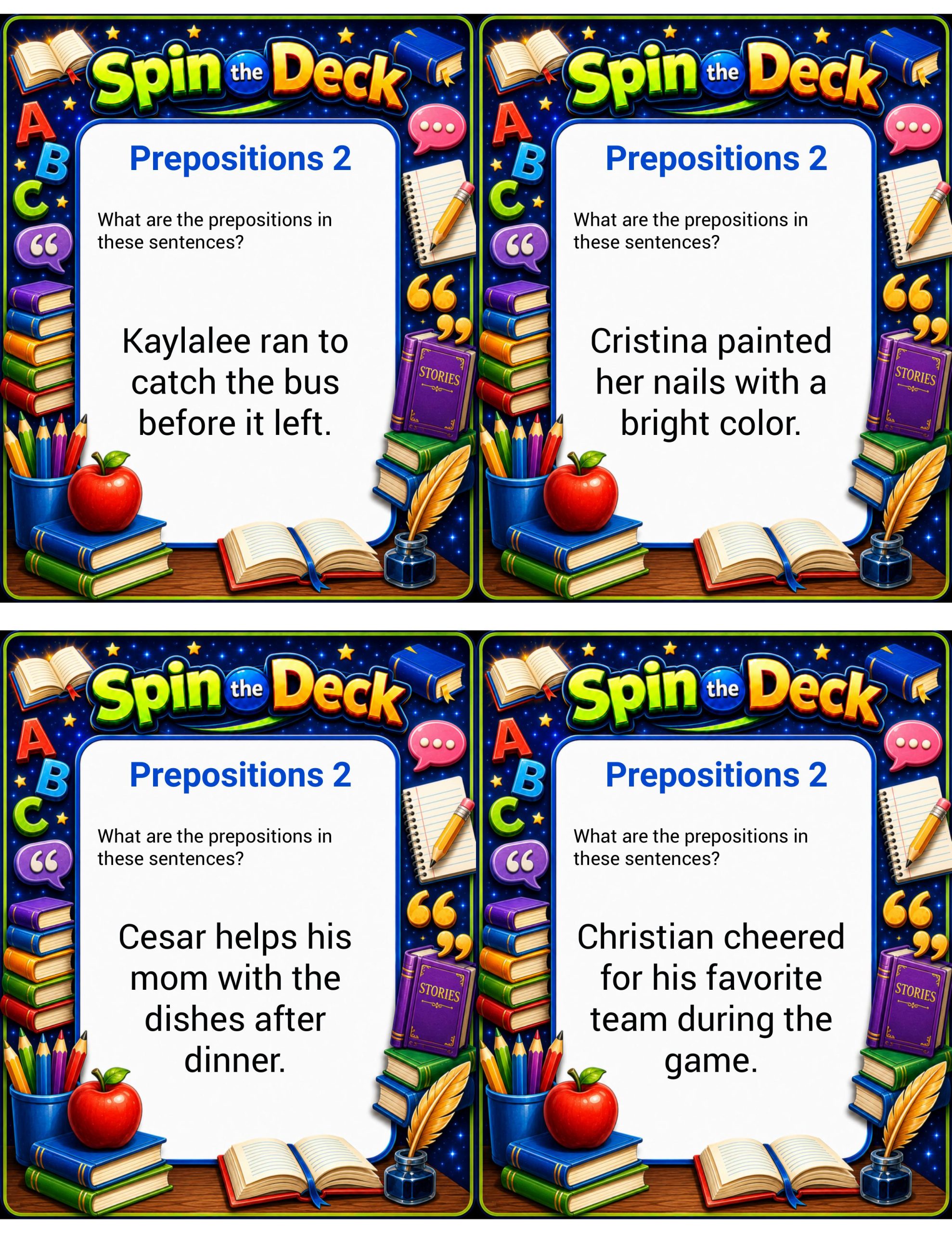 Spin the Deck – Prepositions Set 2 | Grammar and Sentence Analysis Task Cards