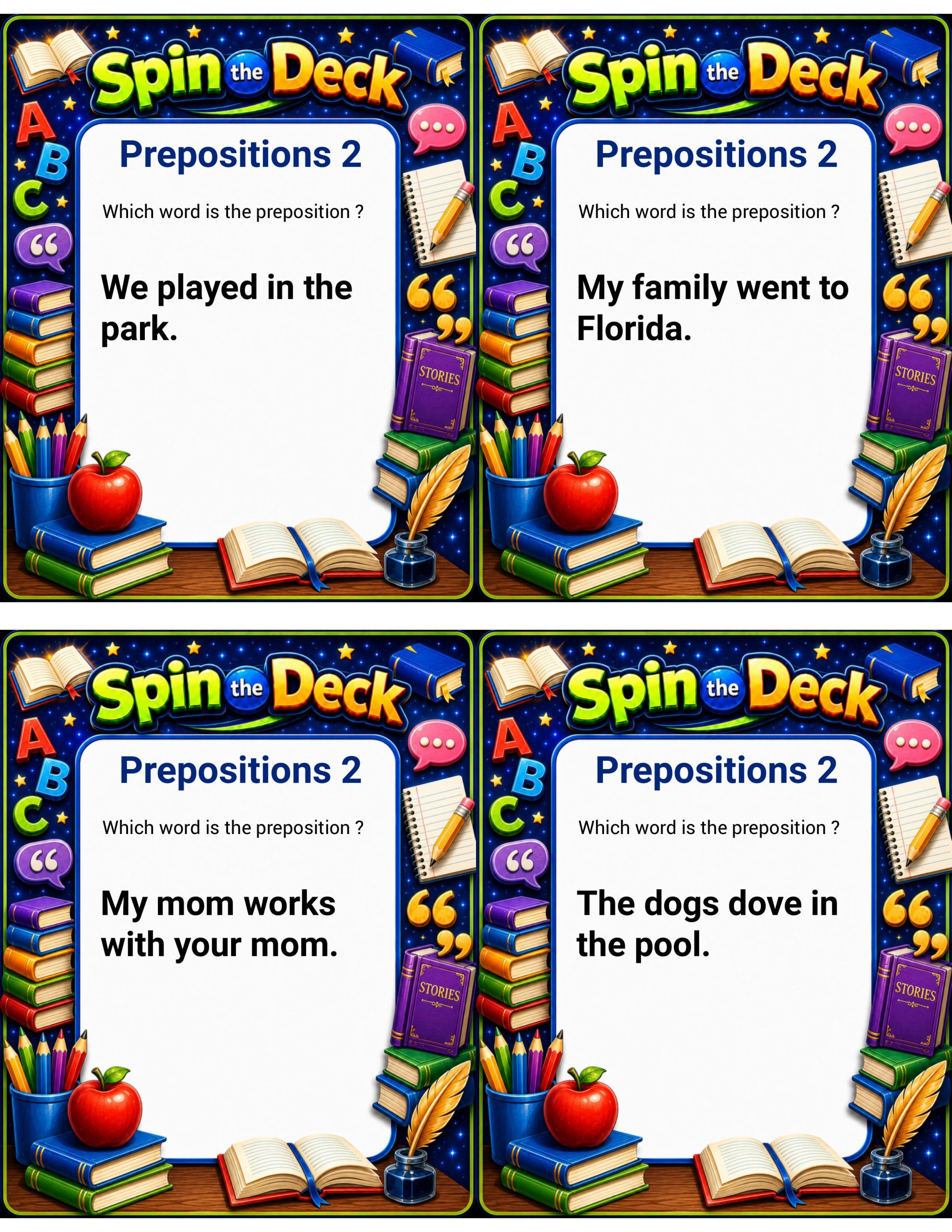 Spin the Deck: Prepositions 2 | Grammar Task Cards and Preposition Review Game