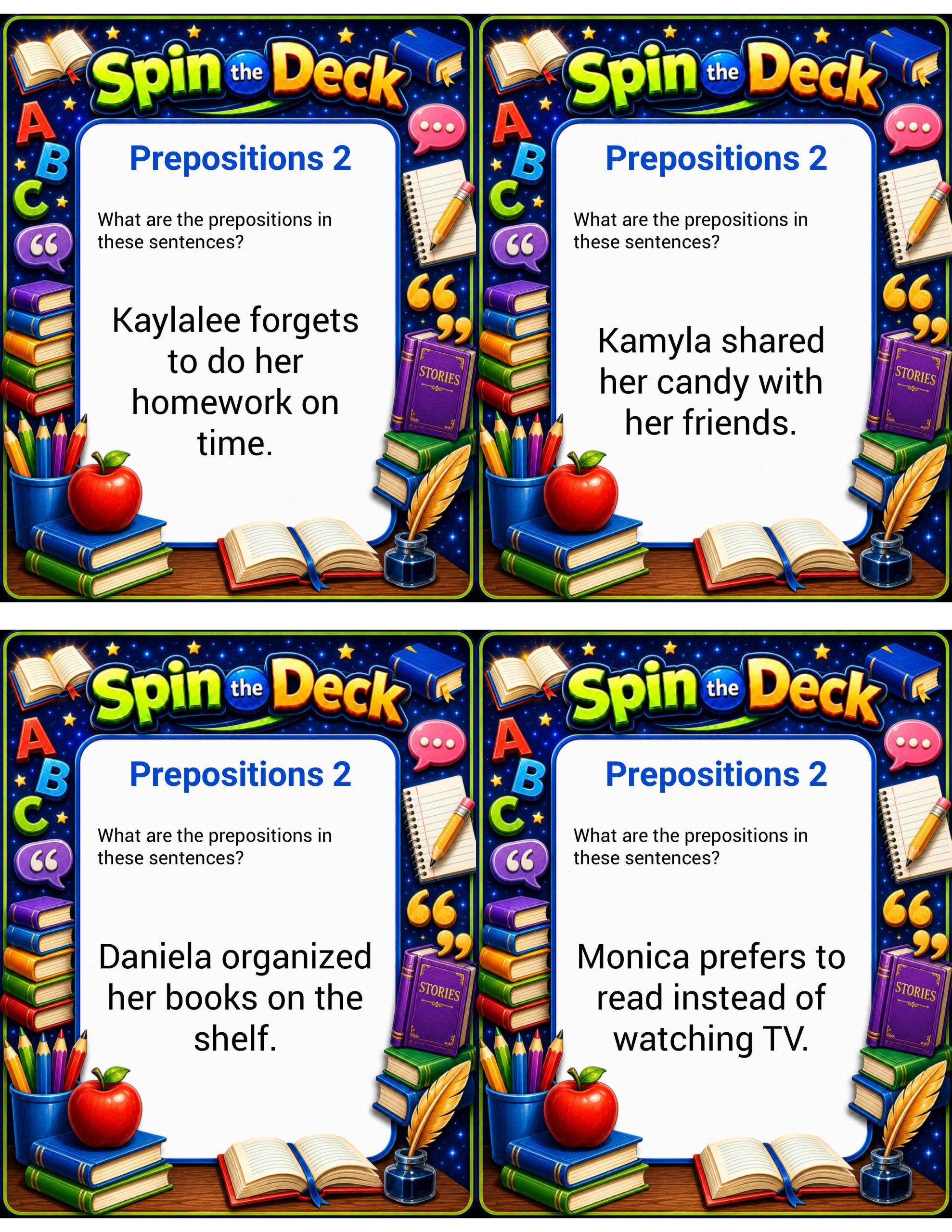 Spin the Deck – Prepositions Set 2 | Grammar and Sentence Analysis Task Cards