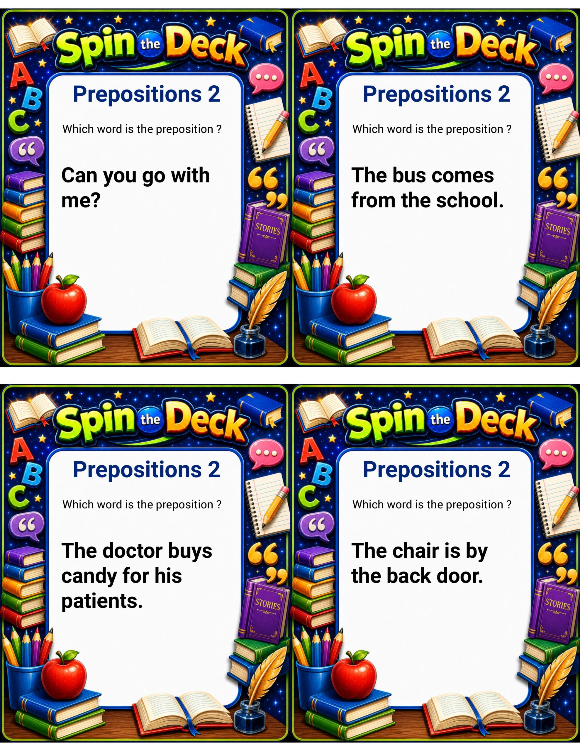 Spin the Deck: Prepositions 2 | Grammar Task Cards and Preposition Review Game