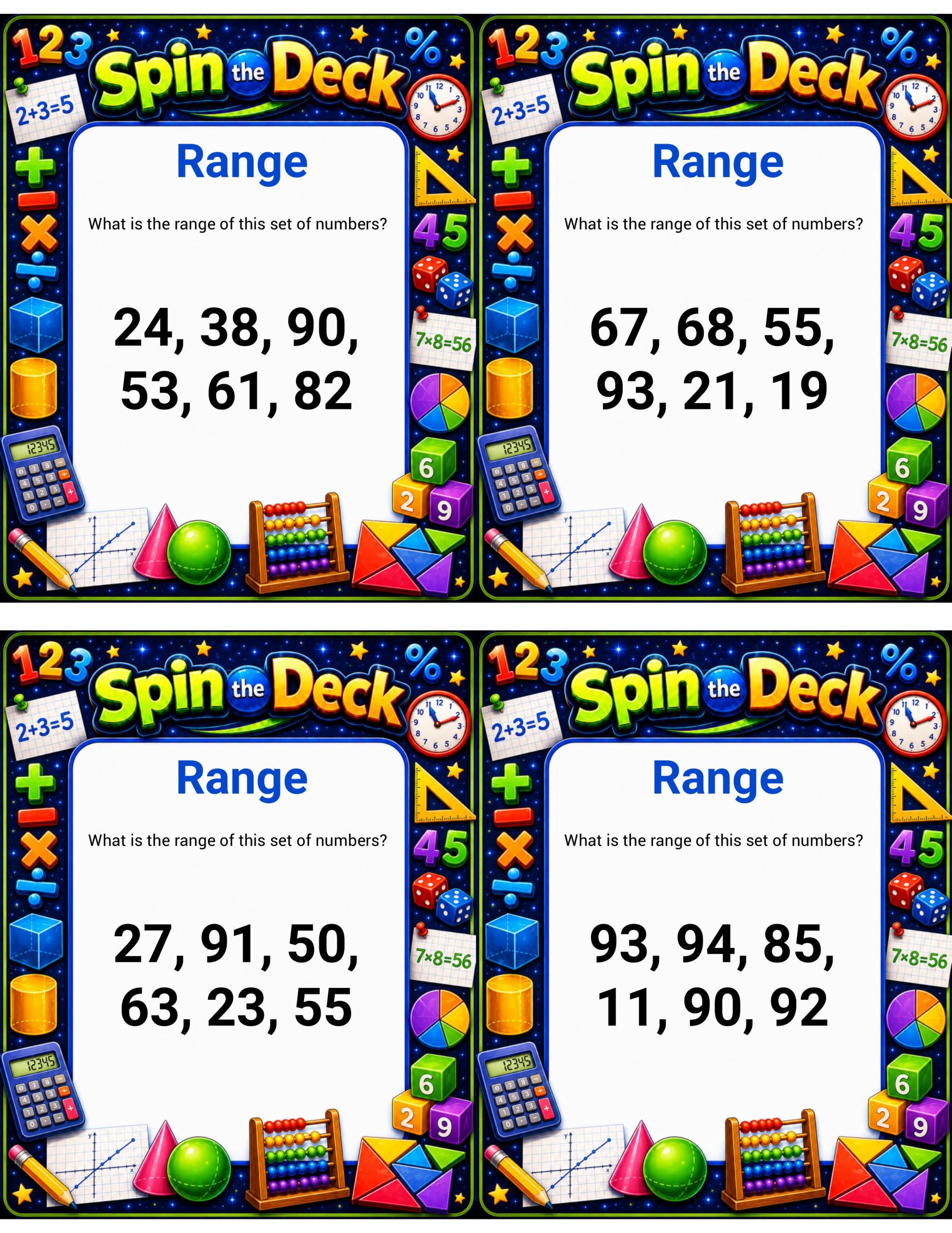 Spin the Deck – Range | Data Analysis and Statistics Practice Cards
