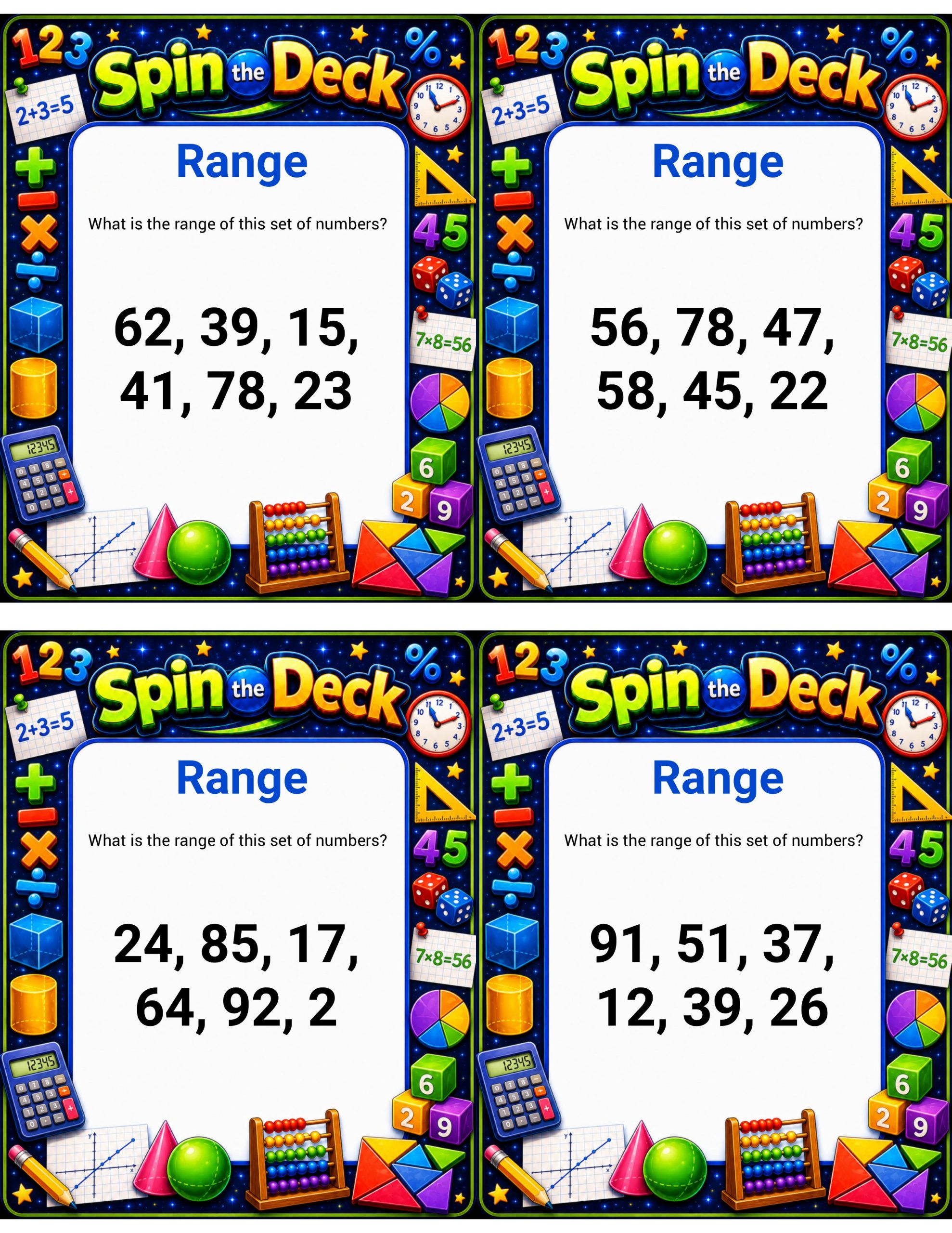 Spin the Deck – Range | Data Analysis and Statistics Practice Cards