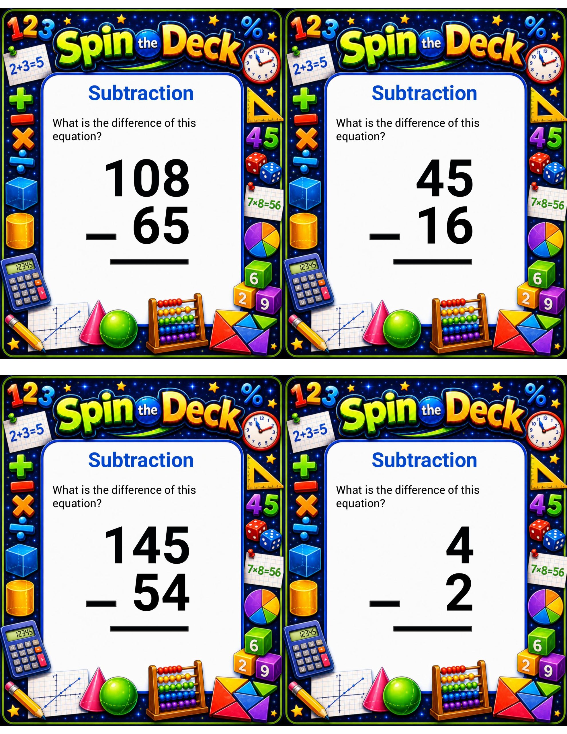 Spin the Deck – Subtraction | Math Fluency and Subtraction Practice Cards