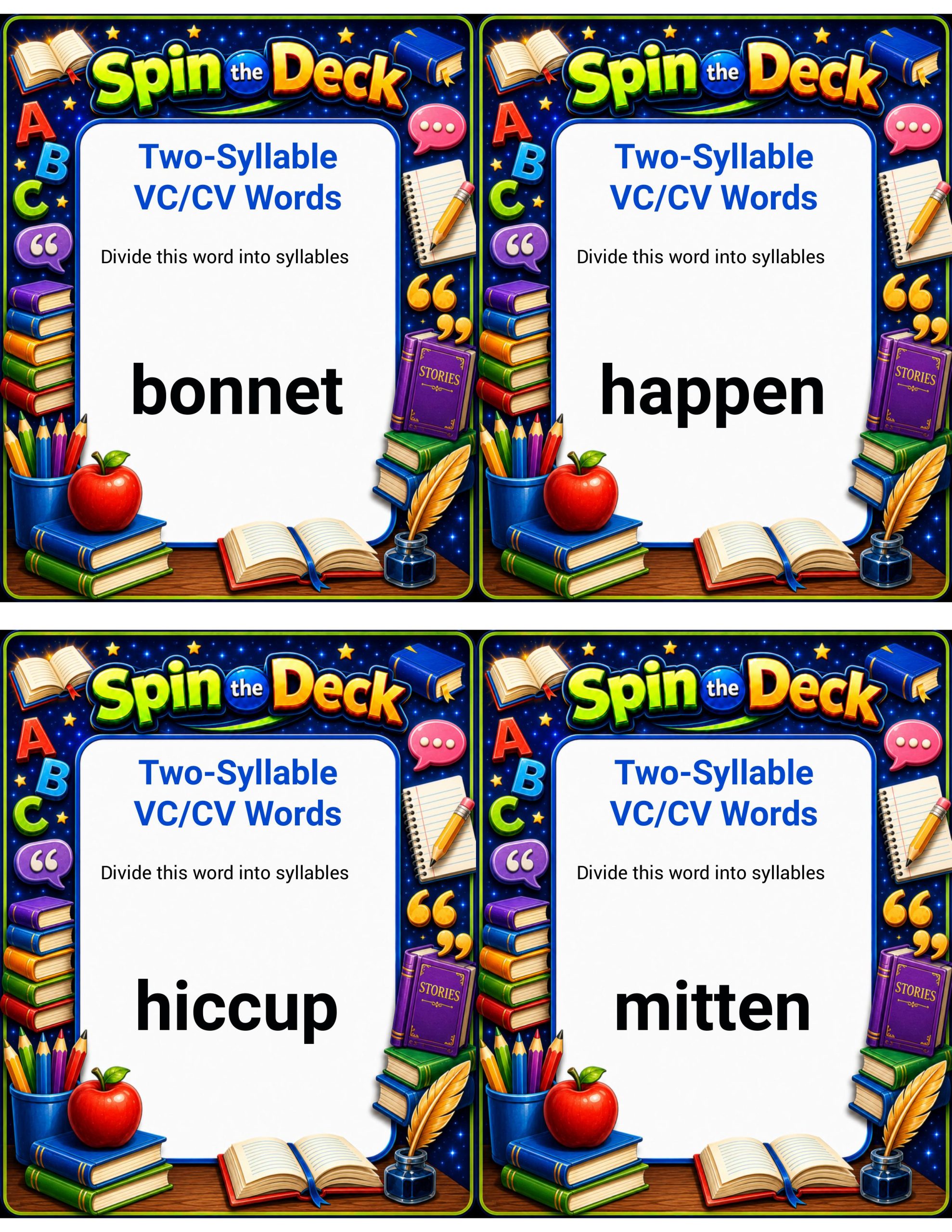 Spin the Deck – Two-Syllable VC/CV Words | Phonics and Syllable Division Cards