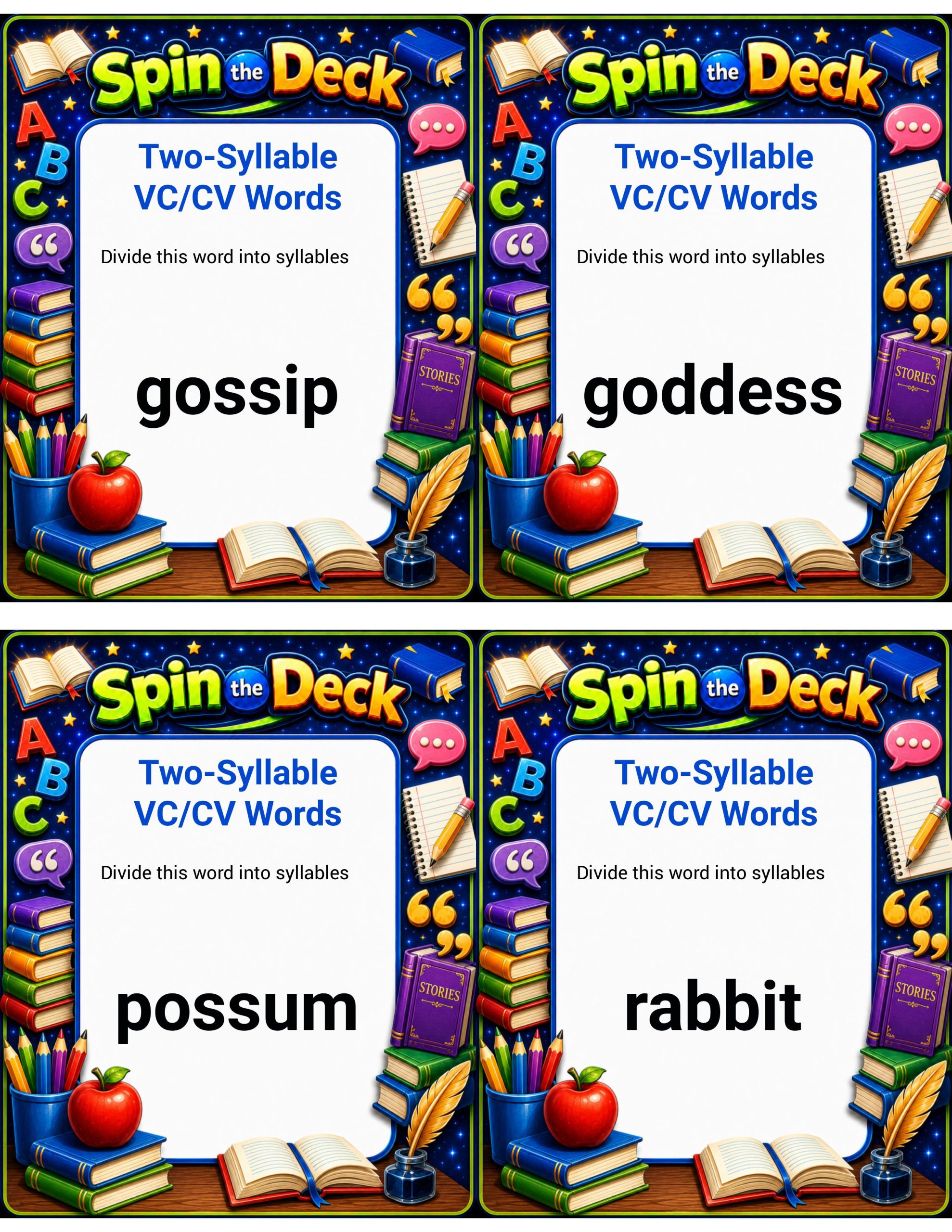 Spin the Deck – Two-Syllable VC/CV Words | Phonics and Syllable Division Cards
