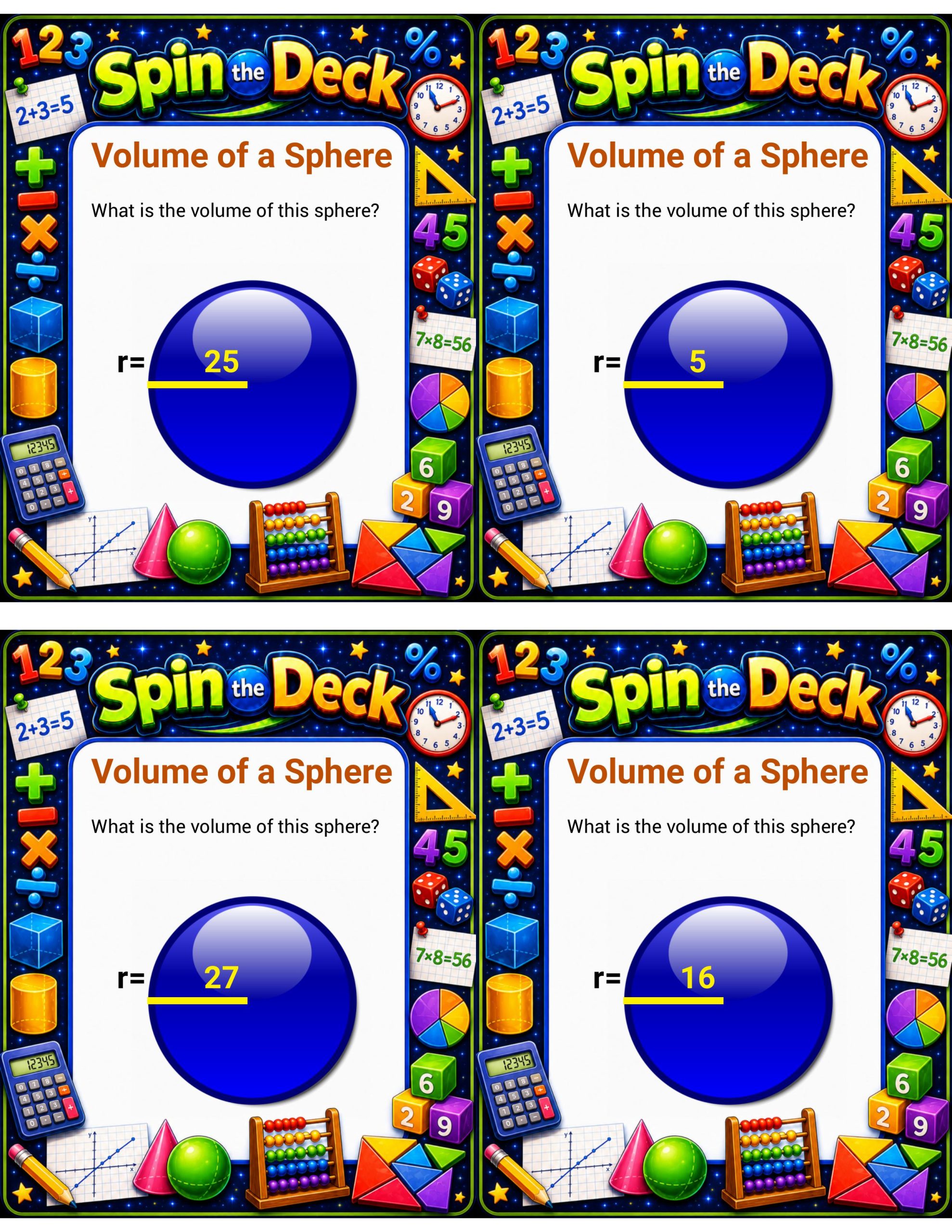 Spin the Deck: Volume of a Sphere | Geometry Task Cards and Math Review Game