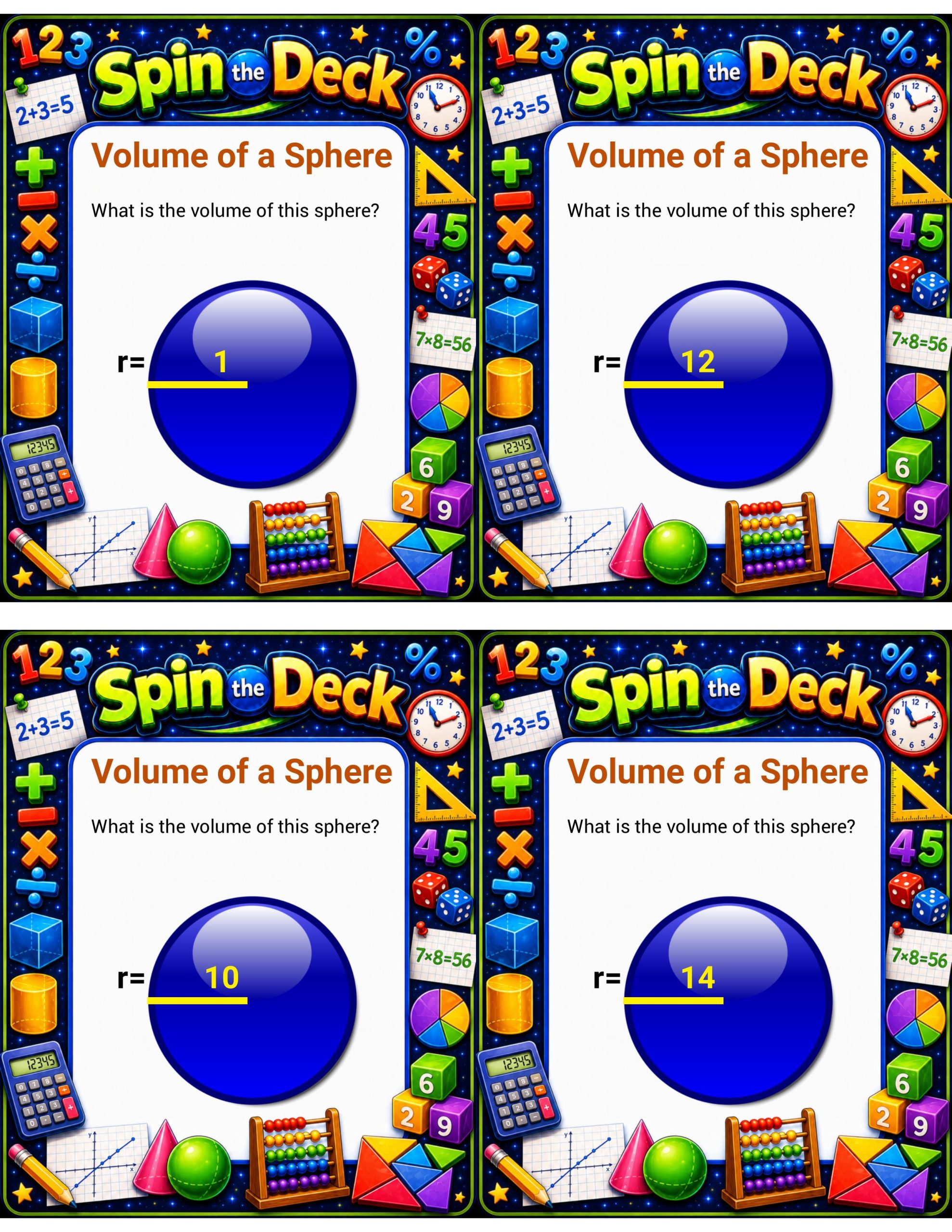 Spin the Deck: Volume of a Sphere | Geometry Task Cards and Math Review Game