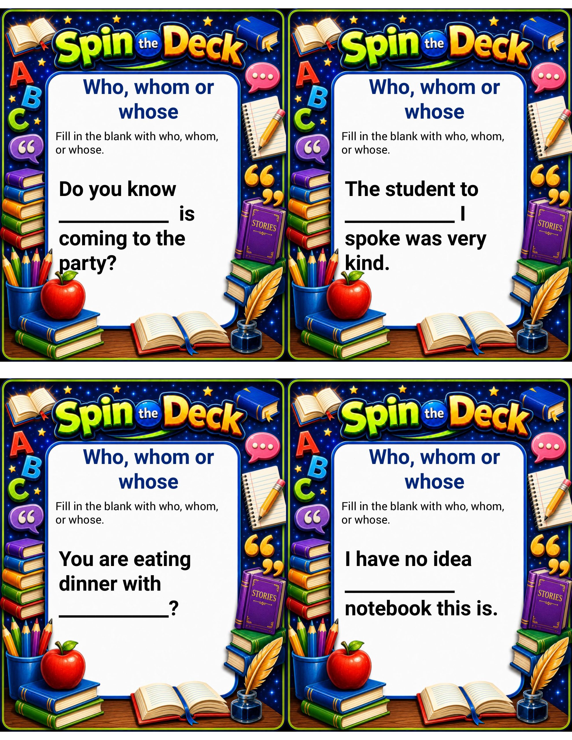 Spin the Deck: Who, Whom, or Whose? | Grammar Task Cards & Pronoun Practice