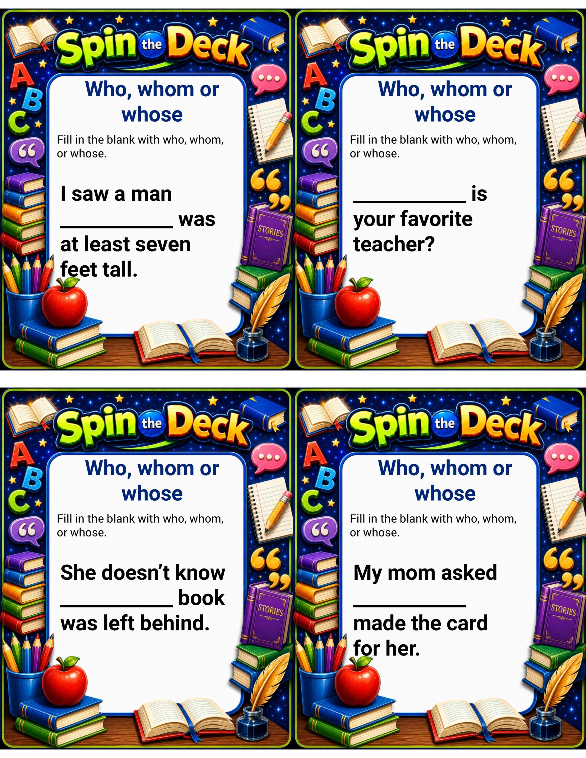 Spin the Deck: Who, Whom, or Whose? | Grammar Task Cards & Pronoun Practice