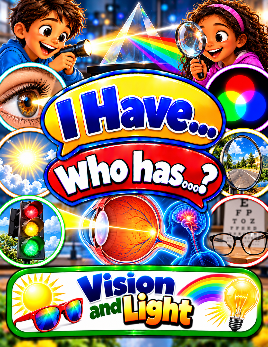 I Have... Who Has...? – Vision and Light | 4 Interactive Science Review Games – 100 Cards cover